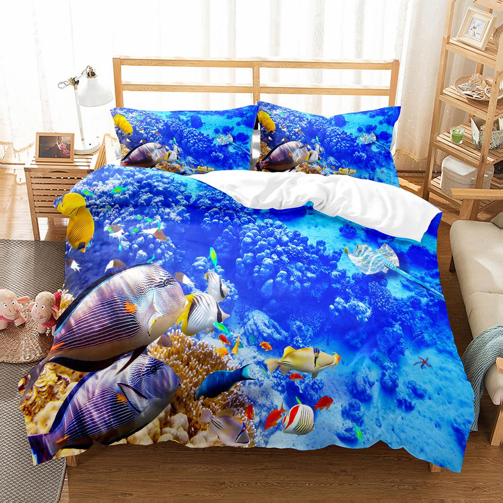 Fish Duvet Cover Set Koi Carp Pattern Polyester Comforter Cover King Queen Full Size for Kids Teens Bedding Set with Pillowcase