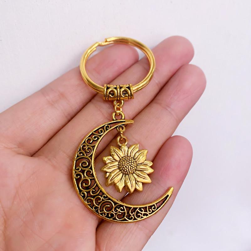 Moon Sunflower Key Ring Cute Alloy Celestial Keychain with Floral Design | Durable Gift for Women Men Car Keys