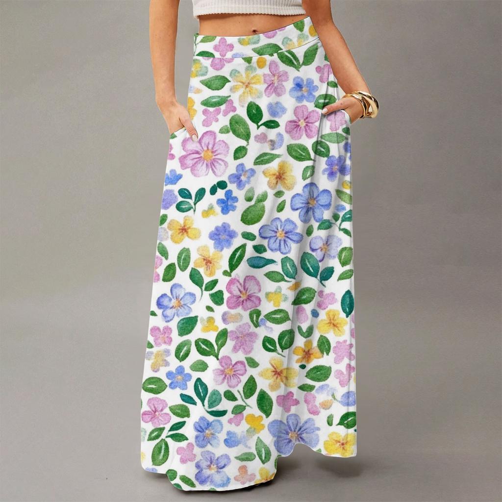 Женская повседневная складная юбка макси с цветочным принтом, высокой талией и карманом, с драпировкой