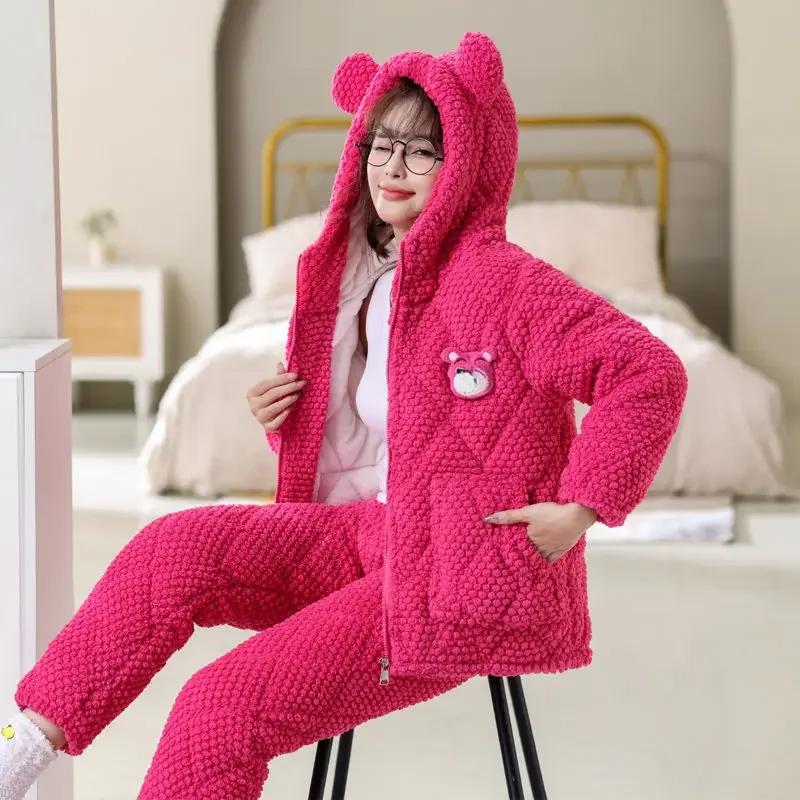 Новый милый утепленный пижамный комплект из трех слоев хлопка кораллового цвета, пижама для женщин, зимний фланелевый флис, теплый зимний комплект домашней одежды