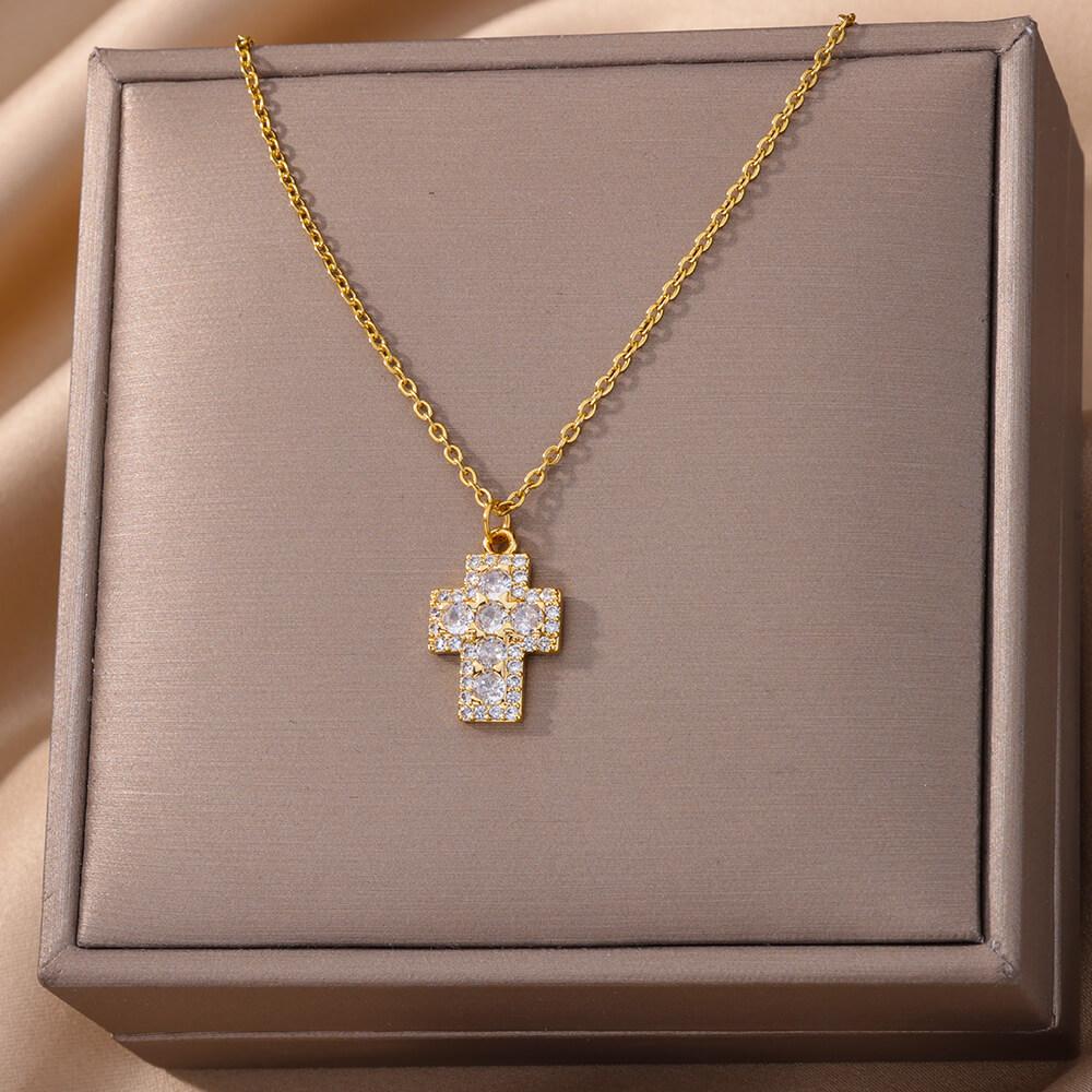 316L Stainless Steel Zircon Jesus Cross Pendant Necklaces For Women Hip Hop Gold Color Cross Necklace Party Jewelry Gift