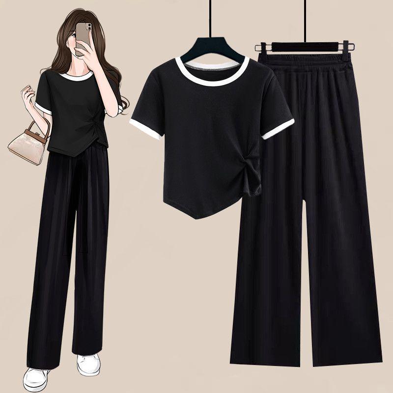 Корейский комплект: футболка Color Block и широкие брюки