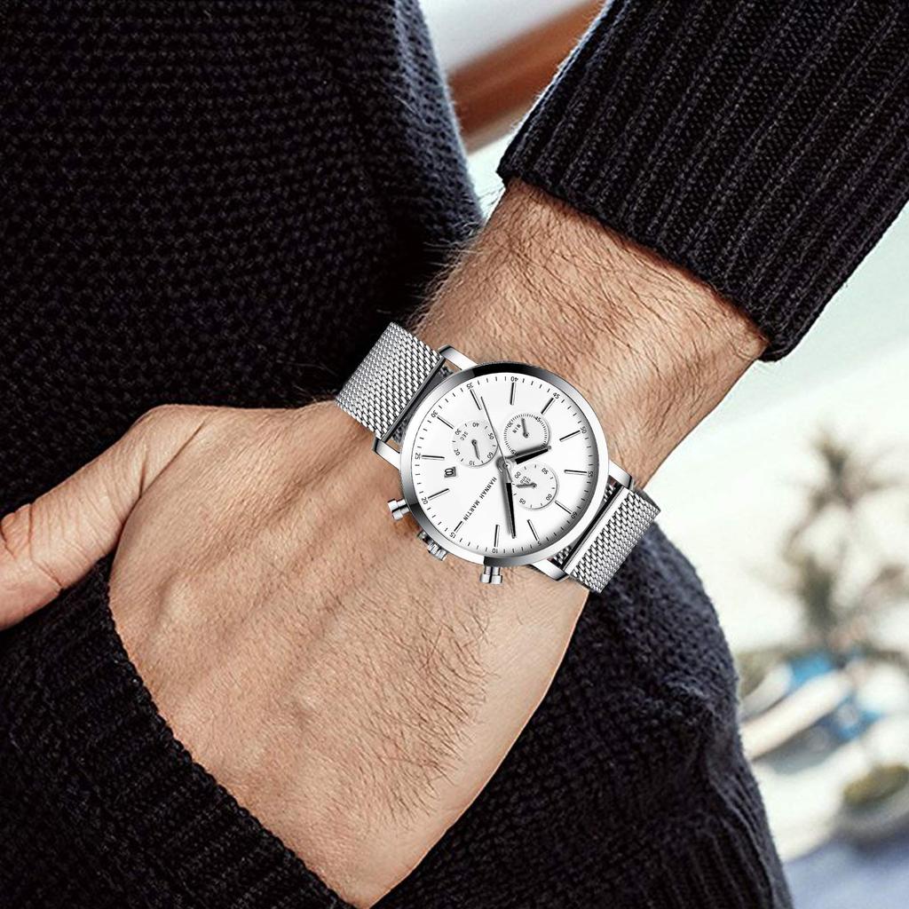 RORIOS Watch Business Waterproof Calendar Multifunctional Stainless Steel Quartz Simple Stylish Fashion Popular Watch Casual Commuting Silver A Men's