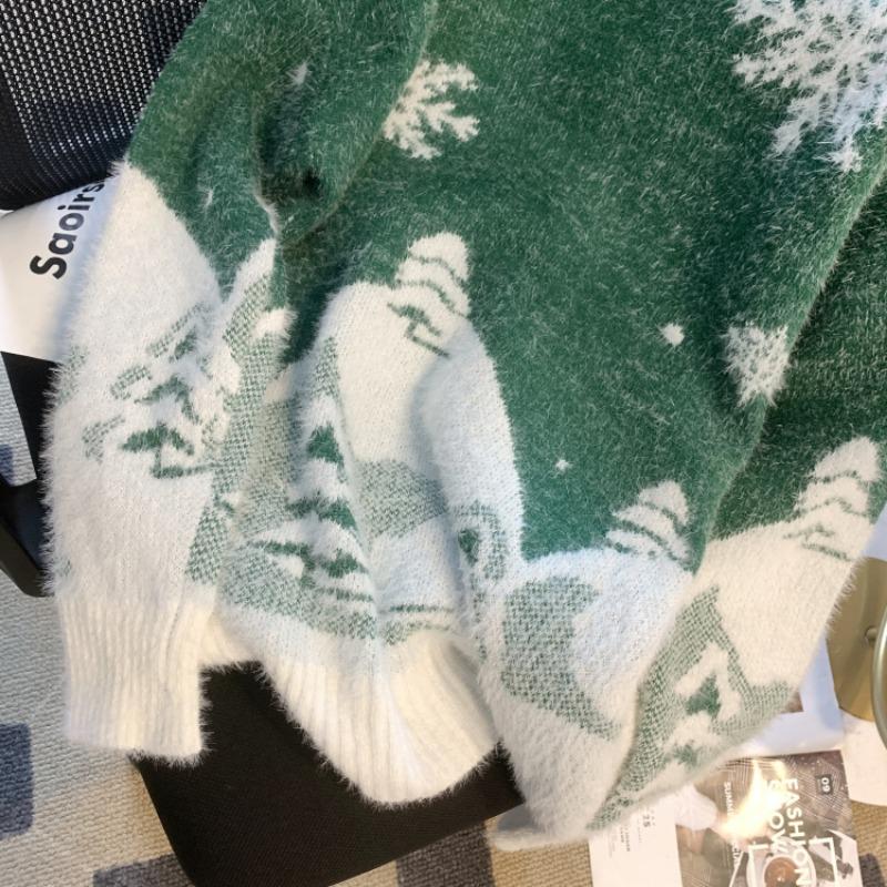 Winter New Cute Print Loose Christmas Pullovers Sweater Women Tops O Neck Long Sleeve Vintage Knitted Sweater Woman Casual Fashion Lady Jumpers 25513