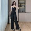 Women's Ink Print Wide-Leg Jumpsuit with Suspenders