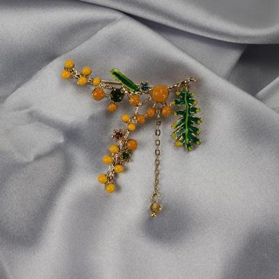 Брошь-кисточка с бриллиантами в виде парижского мимозы и цветка апельсина для женщин