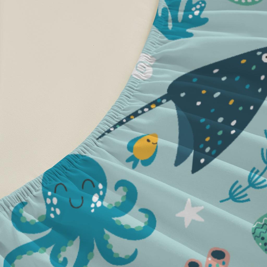 3pcs Playful Fitted Sheet Set Cute Animals Cartoon Style Ocean Creatures And Sea Plants Printed Bed Sheet With 2 Pillowcases