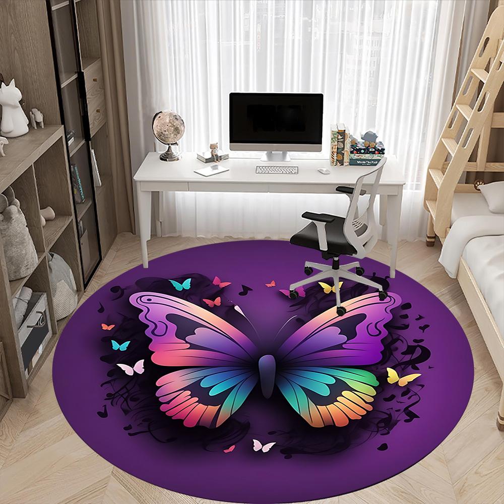 1pc Butterfly Design Chair Carpet for Office, Round Polyester Mat, Indoor Decor for Office, Easycare Fabric, Washable Non-slip Area Carpet