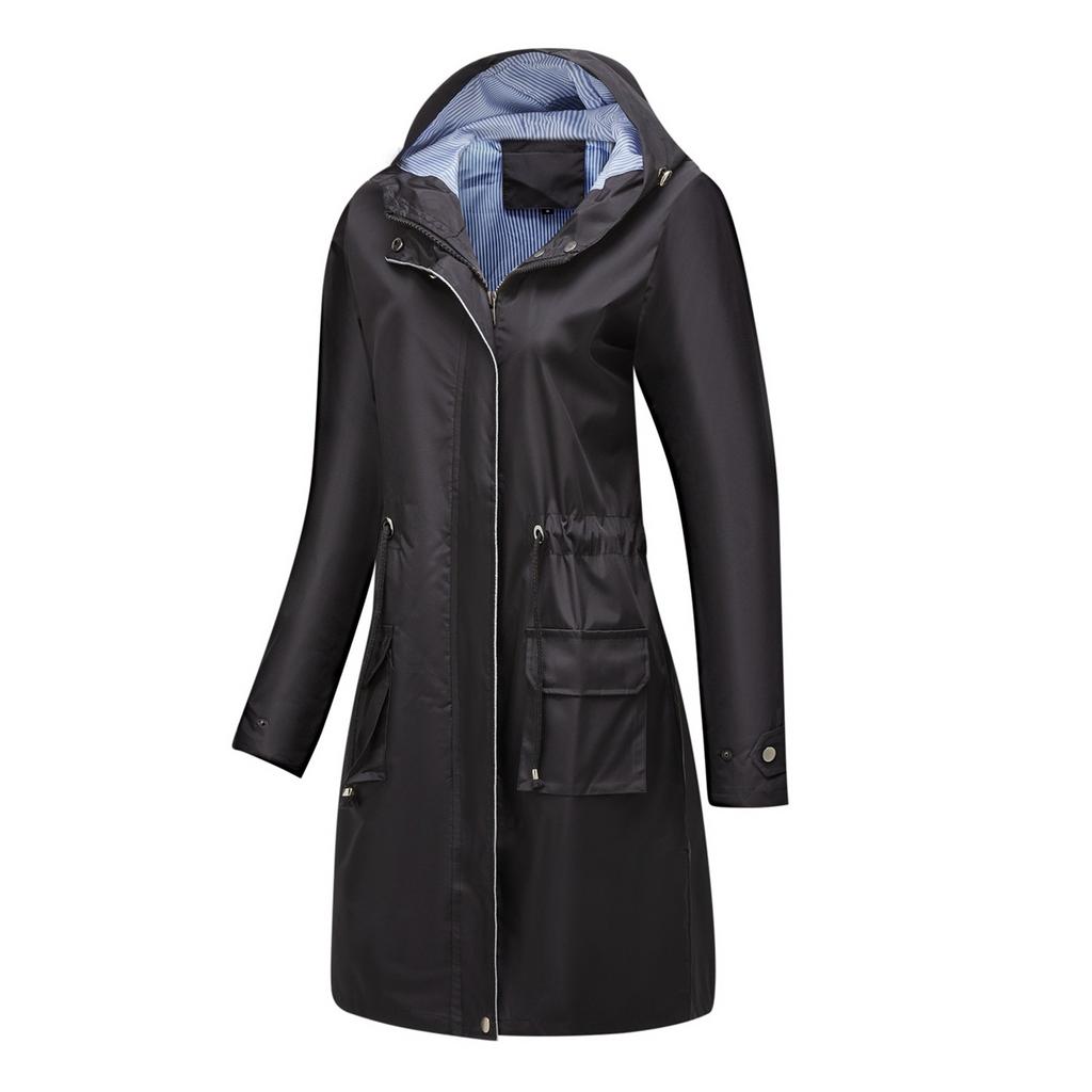 Women's Solid Colored Hooded Long Sleeved Trench Coat With Striped And Straight Tube Jacket