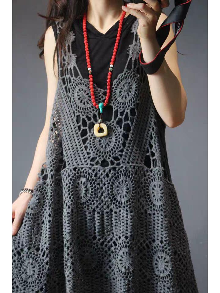 Женский длинный вязаный крючком жилет цвета хаки - Ретро свободный летний жилет