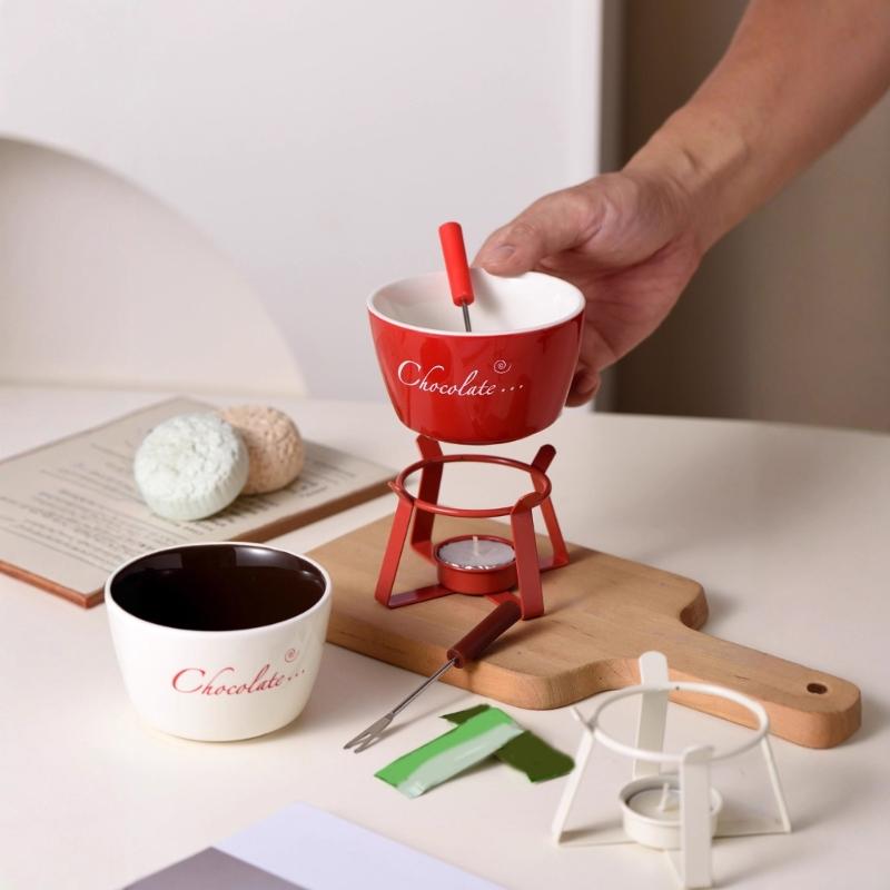 Fondue Pots Set with Fork for Chocolate,Cheese,Candy,Appetizer Tealight Porcelain Melting Pots Ceramic Butter Warmers Set