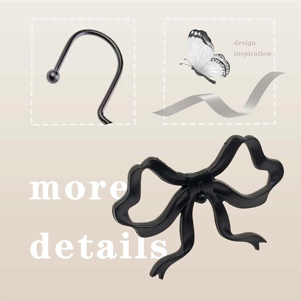 12Pcs Black Bow Shower Curtain Hooks For Standard Shower Rods