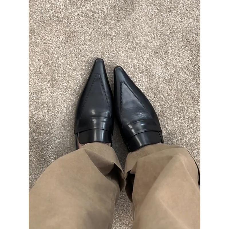 Овчина ретро острый носок темперамент котенок каблук одинарные туфли мелкий вырез профессиональные повседневные маленькие кожаные туфли женские французские толстый каблук лоферы