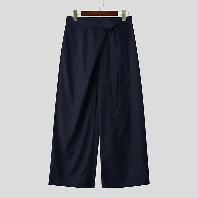 INCERUN Мужские повседневные брюки на шнуровке с запахом на талии, длинные брюки широкого кроя