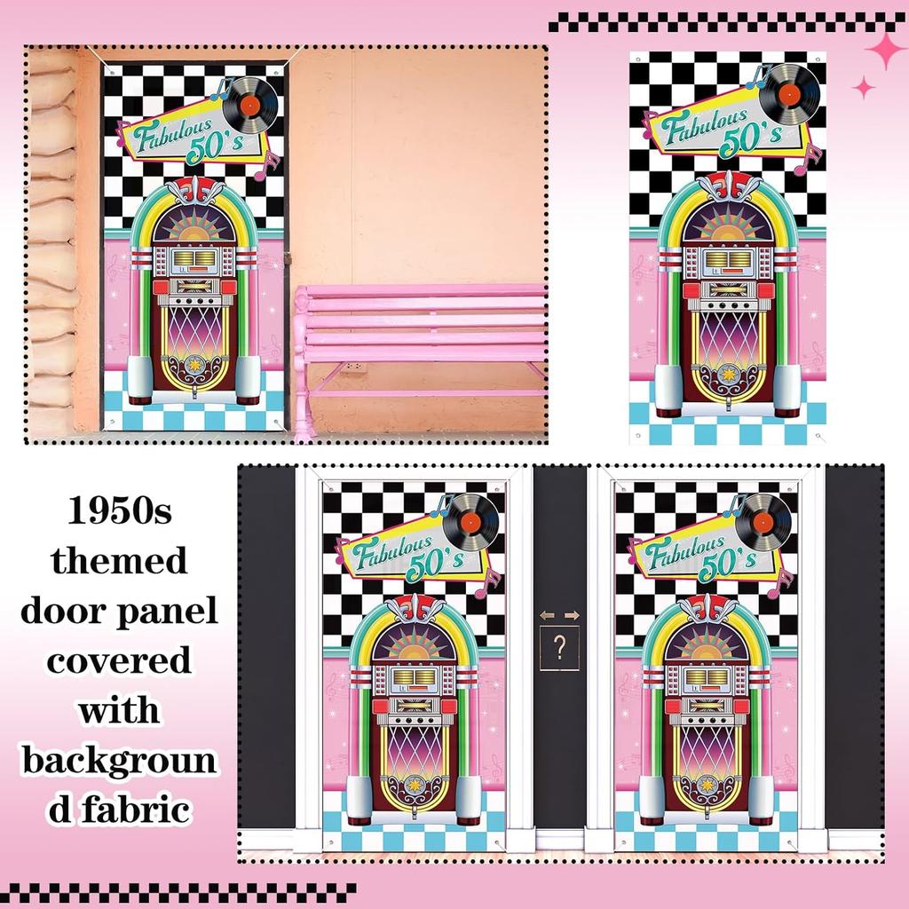 VitalCozy 180 x 90 см Декорации для вечеринки 1950-х годов Ретро 50-х Тканевая накидка на дверь Вечеринка в стиле 50-х Рок-н-ролл Задники для вечеринки в стиле 50-х Рок-н-ролл Музыкальная тематика
