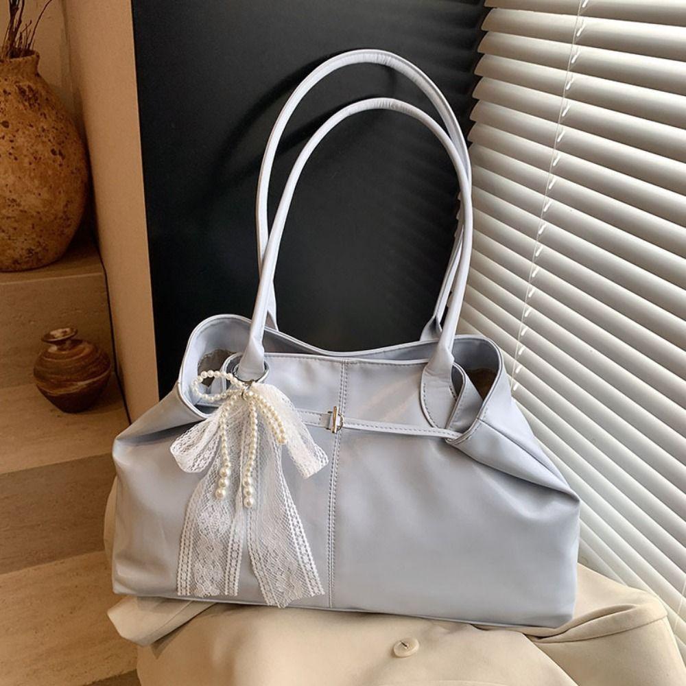 PU Leather Shoulder Bag Tote Bag with Bow Lace Pendant Versatile Armpit Bag Solid Color Large Capacity Underarm Bag Travel