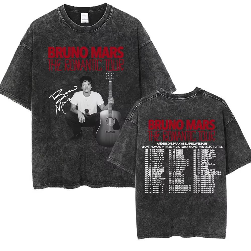 Bruno Mars The Romantic Tour 2026 Vintage Washed T Shirt Men Women Fashion Hip Hop Pop Music T-shirt Summer Casual Cotton Tshirt
