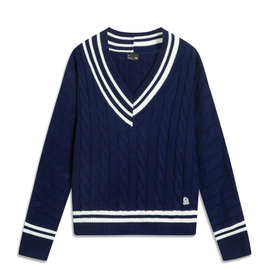 Li-Ning Striped V-Neck Comfortable Soft Breathable Long Sleeve Knit Sweater Women Tops Deep-Iris-Blue AMBV406-3