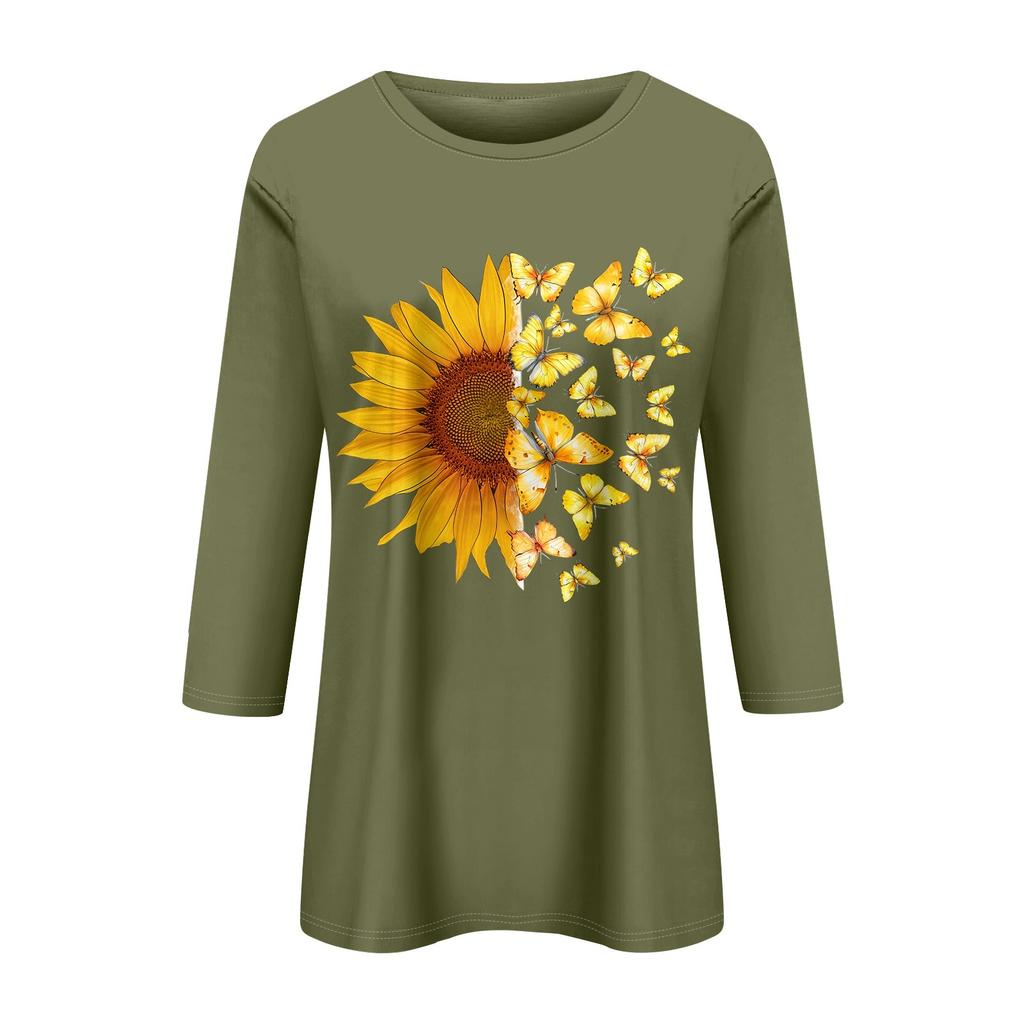 Женская мода повседневный принтованный топ с семью рукавами и круглым вырезом