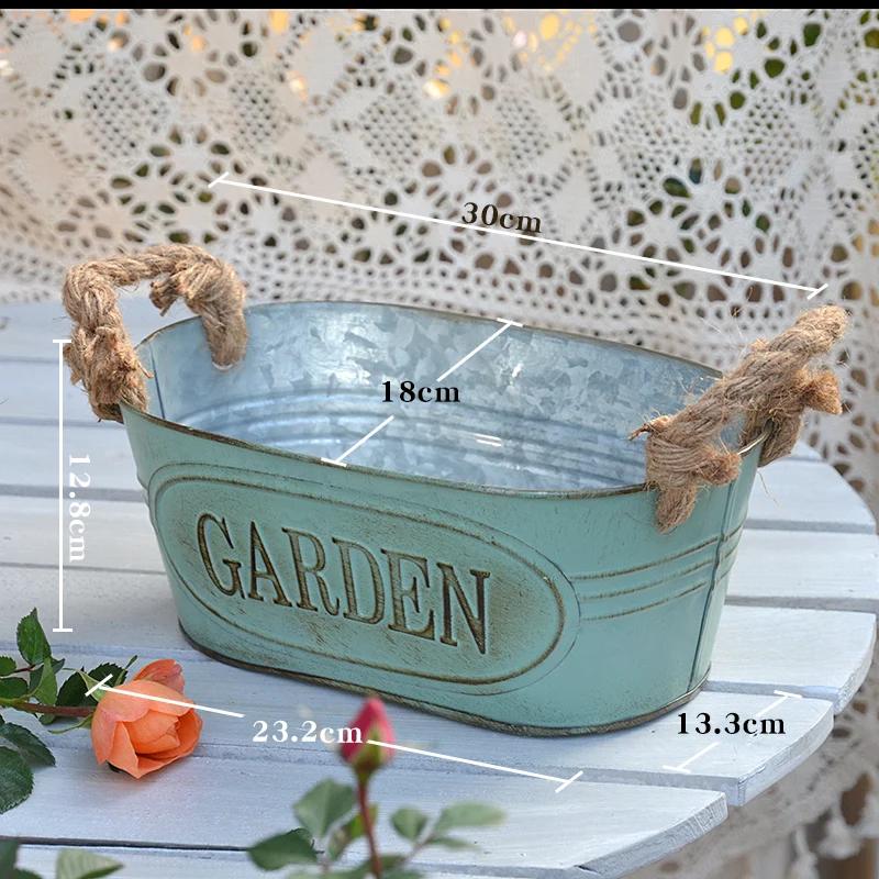 Double Handles Ellipse Iron Flower Pots Retro Style Garden Planting Tool Storage Bucket Florist Home Furnishing Vase Decoration