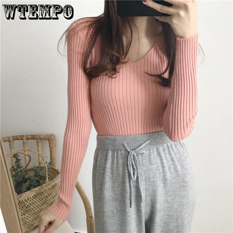 WTEMPO Женские осенние повседневные свитера с V-образным вырезом, весенние женские однотонные длинные рукава, тонкие трикотажные пуловеры, трикотаж