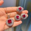 Jewelry Simulation Red Glass Square Deluxe Inlaid Pendant Earrings Ring Jewelry Set