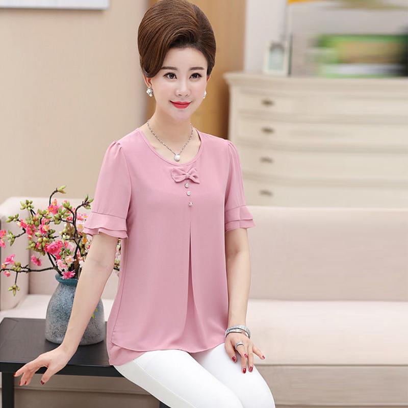 Летняя рубашка среднего возраста, женский топ, большая летняя женская свободная футболка среднего возраста, шифоновая рубашка с короткими рукавами
