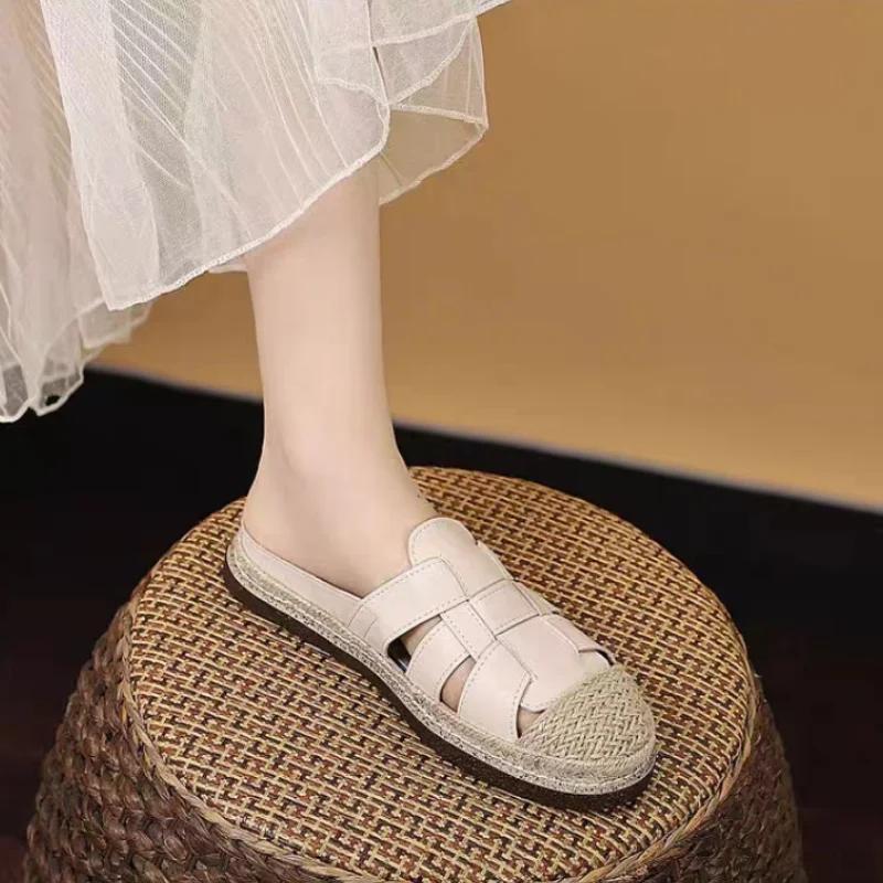 Fashion High Quality Summer Ladies Closed Toe Slipper 2024 Retro Hemp Rope Woven Women's Slippers New Casual Versatile Platform Slides
