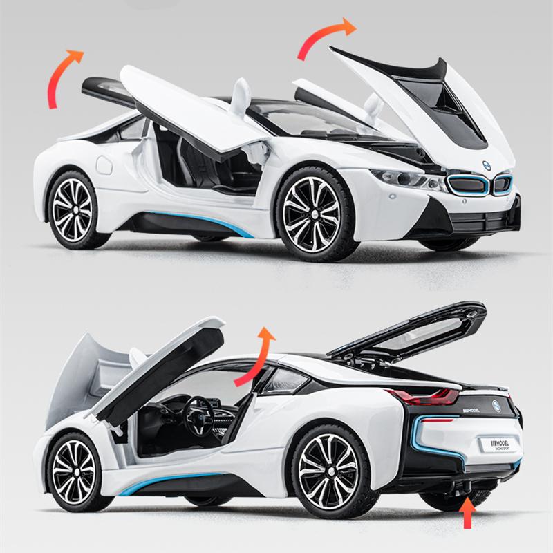 1/22 BMW i8 Автомобиль на новой энергии Сплав Модель спортивного автомобиля Литой металл Гоночный автомобиль Транспортные средства Модель Симуляция Звук Свет Детские игрушки Подарок