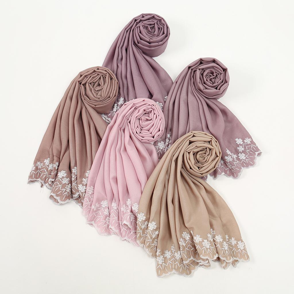 Solid Color Chiffon Embroidery Hijab - Ruffled Edge Long Scarf Islam Hijabs Women's Turbans Head Wrap Lightweight Scarf
