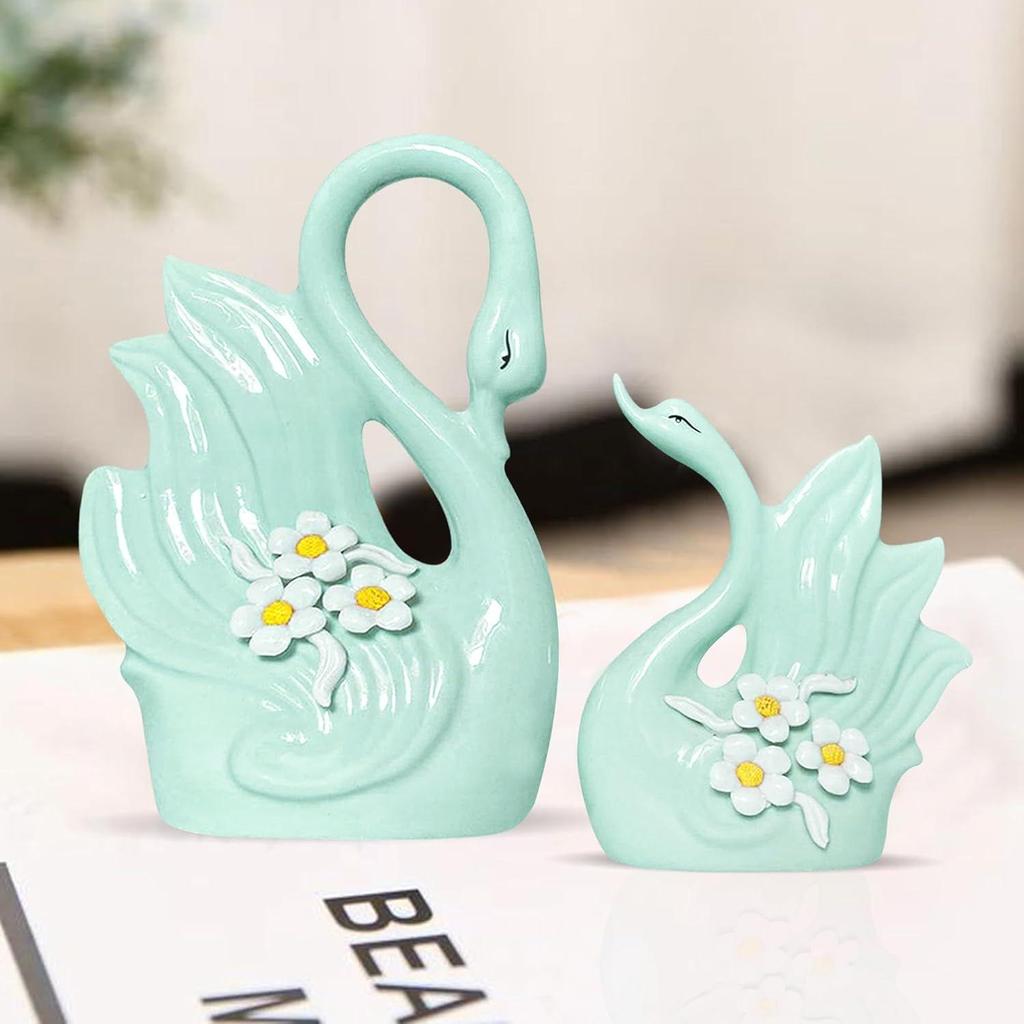 Cute Luxury Light Green Swan Pair Ceramic Art Figurine | Beautiful Home Decor (Pack of 2, Light Green)