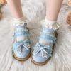 Rimocy Patchwork Lace Mary Janes Shoes Women Pu Leather Lovely Bowtie Flats Woman Platform Blue Pink Ankle Strap Lolita Shoes