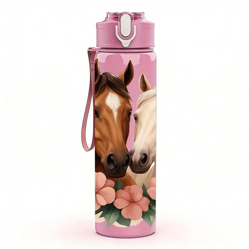 1PC Two Horses Pink Flower Bouquet Print 750ml Color Plastic Sports Water Bottle Leakproof Flip Straw Lid Suitable for Sports Office Home Use