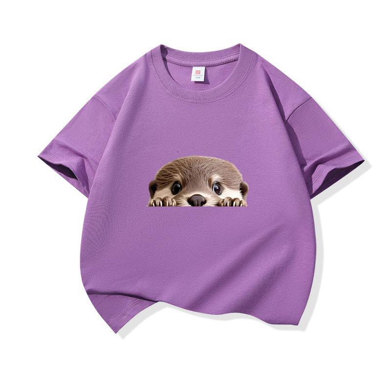 Kids Cotton T Shirt Cute Peeking Otter Print Crew Neck Short Sleeve Tee Casual Breathable Boys Girls Summer Tops