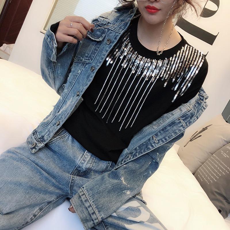 Ladies Heavy Industry Sequins Rhinestone Tassel T-shirt Short-sleeved Spring and Summer New Loose Net Red with The Same Half-sleeved