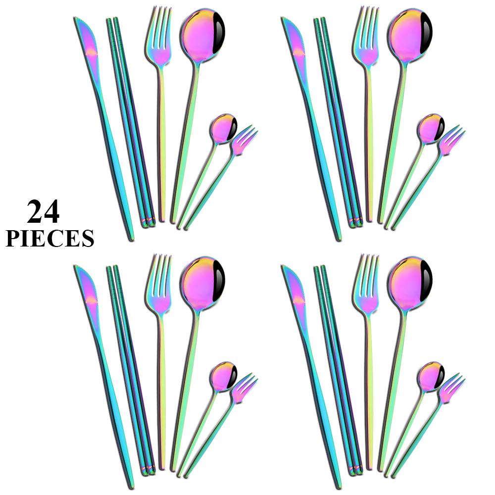 Набор столовой посуды из белого золота, 24 предмета, Посуда из нержавеющей стали, Нож, Вилка, Ложки, Чайная ложка, Палочки для еды, Набор столовых приборов, Кухонные столовые приборы