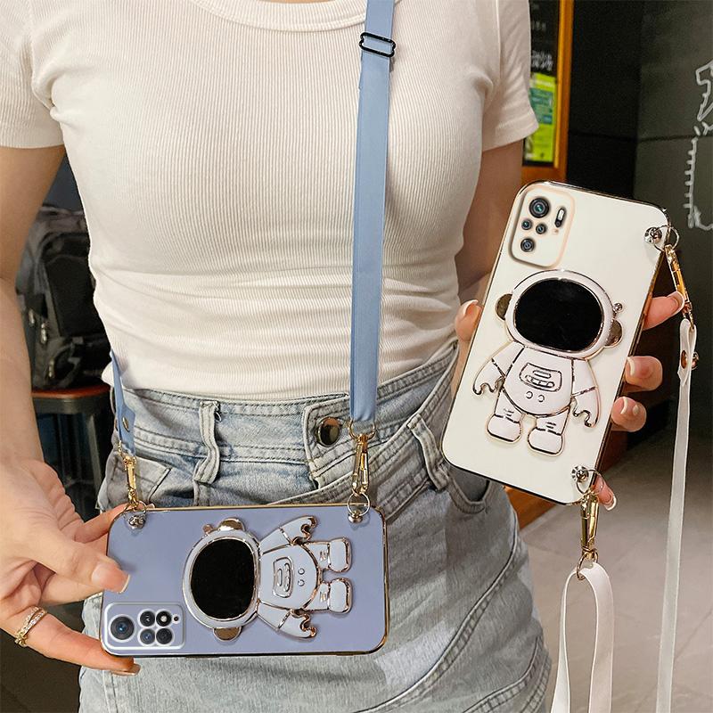 Astronaut Crossbody Lanyard Phone Holder Case For Xiaomi Redmi Note 11 Pro 12 8 8t 10 9 Pro Max 7 Redmi 9 9A 9T 9C Stand Cover