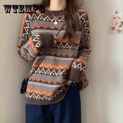Осень и Зима Ретро Стиль Ромбовидный Круглый Вырез Свободный Пуловер Свитер Женские Вязаные Свитера