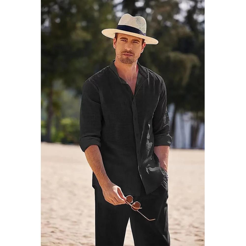 Мужские повседневные комплекты из двух предметов из хлопка и льна, пляжные винтажные базовые рубашки и брюки, однотонный повседневный костюм, мужской спортивный костюм Hawai