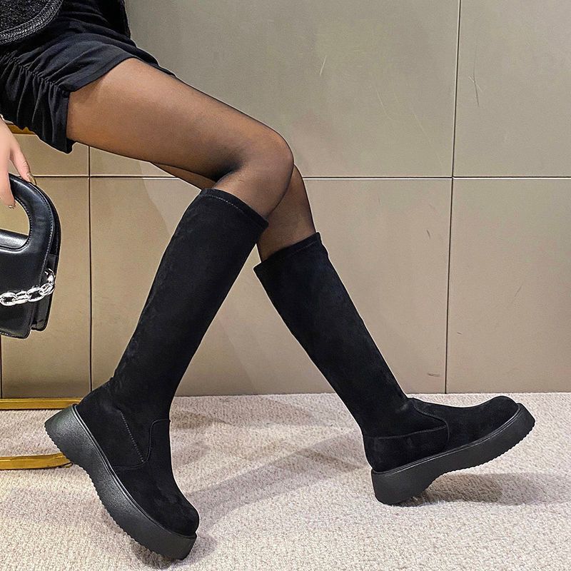 Модные женские сапоги, зимние, до колена, длинные, с голенищем, для женщин, на платформе, с эластичным круглым носком, коричневые, дизайнерские, роскошные, популярные, 39