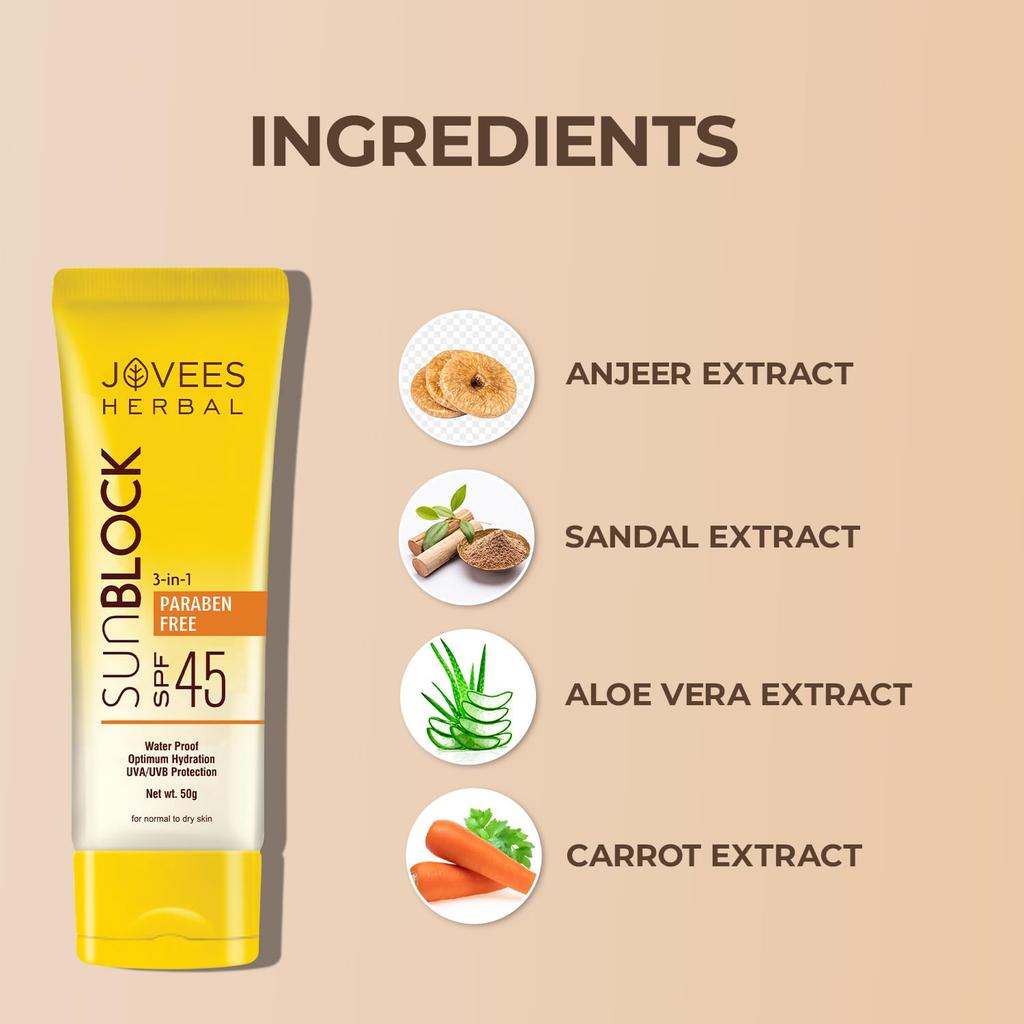 Jovees Herbal Sun Block SPF 45 Sunscreen for Even Toned Glowing Skin Lightweight Non-Greasy 100g
