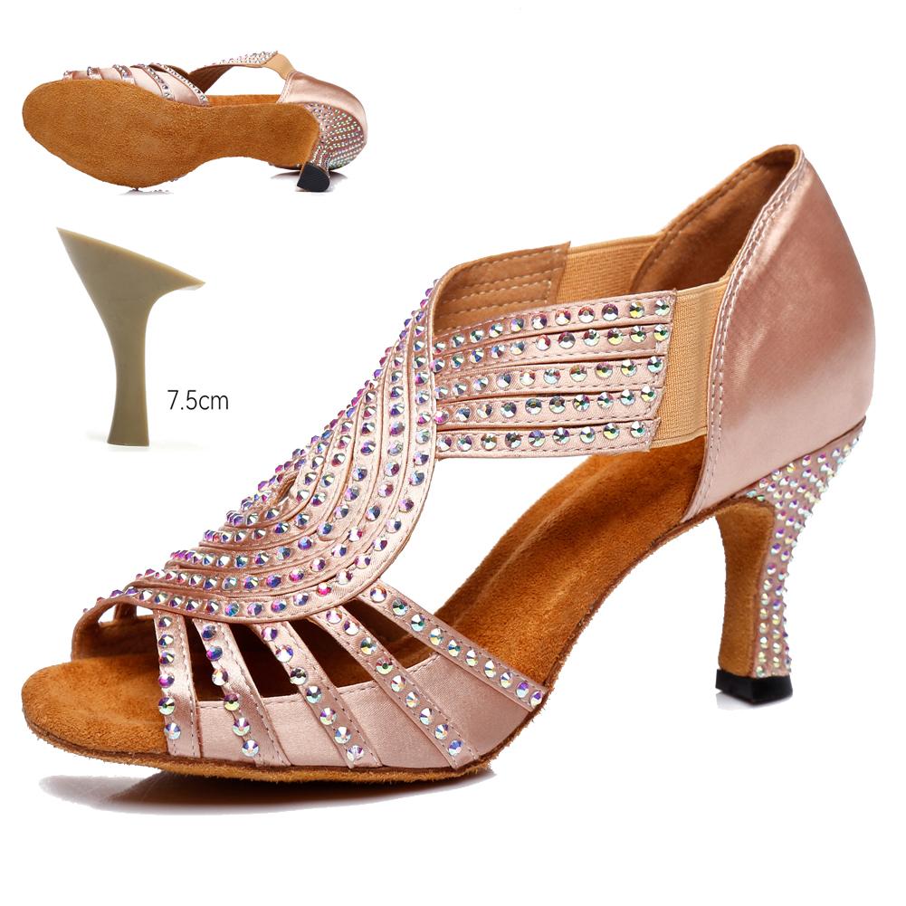 Атласные туфли для латиноамериканских танцев для женщин, взрослые, сексуальные туфли на высоком каблуке, со стразами, туфли для бальных танцев, танго, сальса, каблук 7,5 см