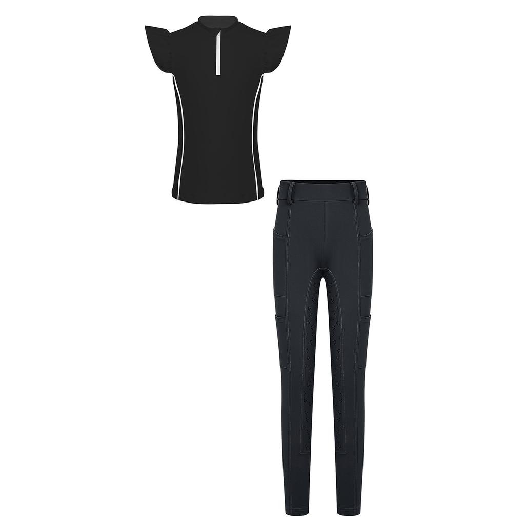 Girls Equestrian Riding Zip Up Stand Collar Ruffled Sleeves Contrast Trim Top Anti Slip Full Seat Breeches Outfit