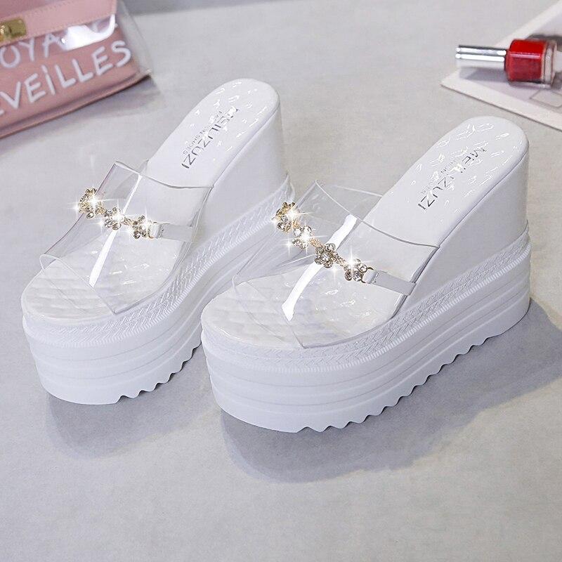White Slipper Women Summer Fashion Platform Sequined Slippers Slope Heel Women Shoes Rhinestone Transparent Wedges Slides