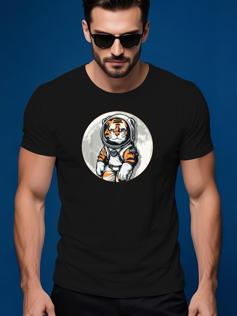 Crew Neck Short Sleeve Tshirt with Astronaut Tiger Graphi...