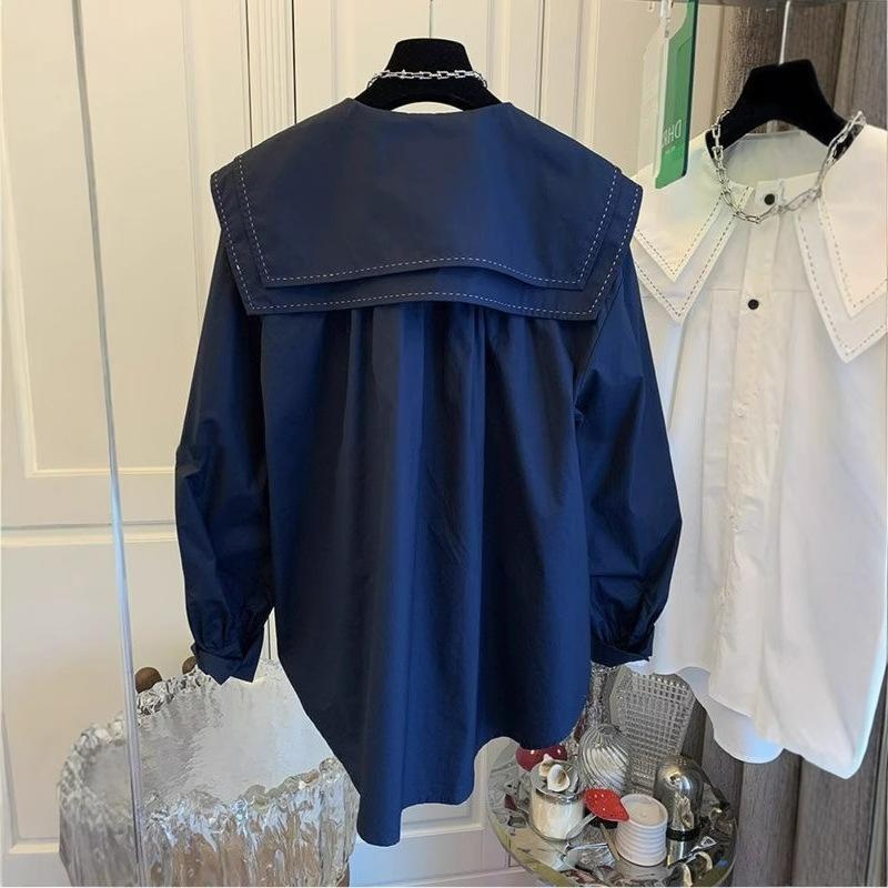 Женский корейский кардиган-блузка на четыре сезона: весна, осень, с кукольным воротником, женская свободная однотонная рубашка, топы, женская мода, рубашки с рукавами-фонариками
