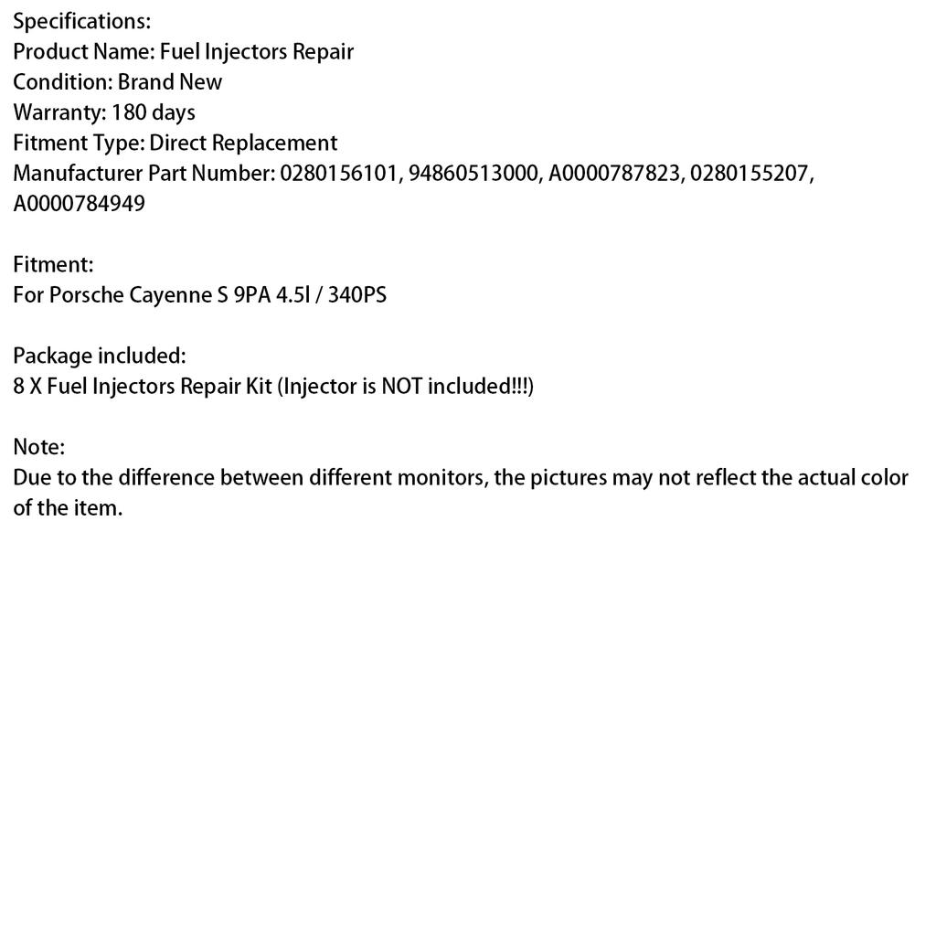 8 шт. Комплект для обслуживания топливных форсунок, уплотнительное кольцо 0280156101, подходит для Porsche Cayenne S 4.5L