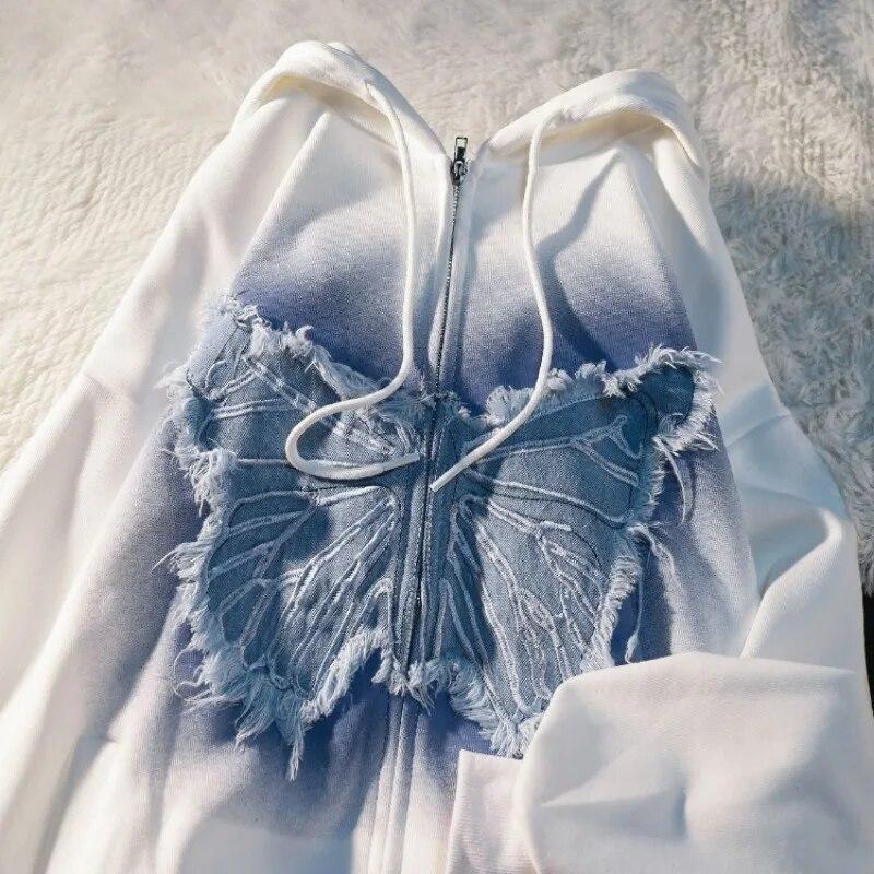 Американский уличный свитер с капюшоном BF Wind и бабочкой Y2k, толстовка на молнии, модный ретро-толстый брендовый свободный кардиган, пальто для пар, топ