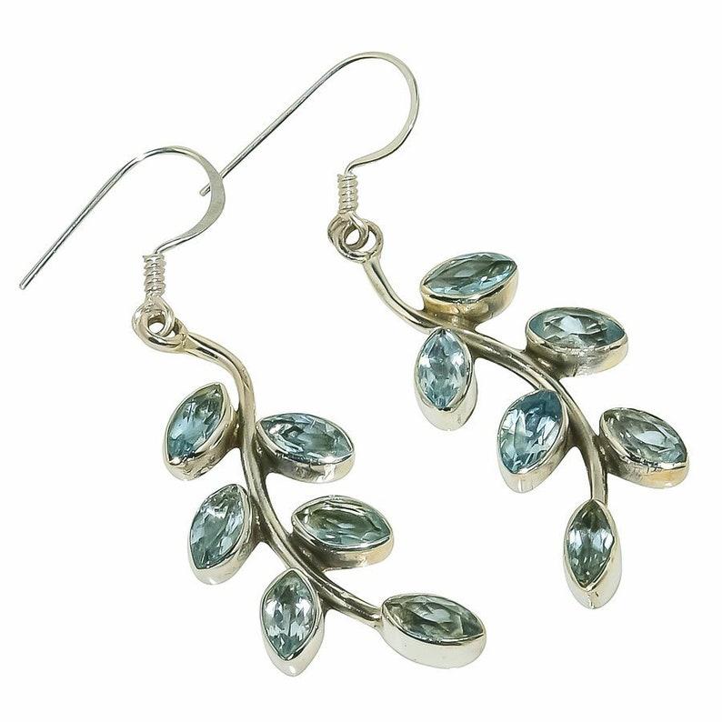 Blue Topaz Gemstone Solid 925 Sterling Silver Leaf Designer Women Dangle Earring Jewelry