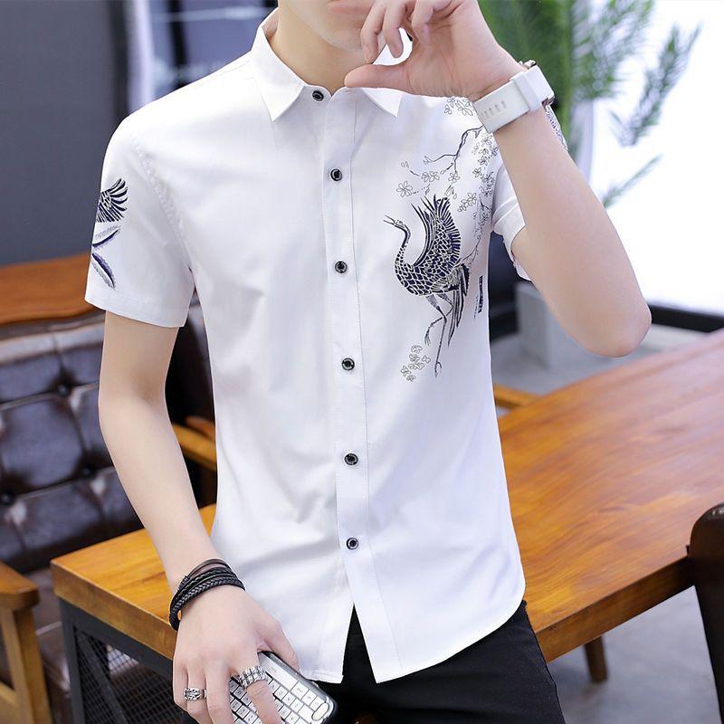 Men's Printed Short-sleeved Summer Trend of Handsome and Stylish Shirt Casual Versatile Inch Shirt Men's Shirt